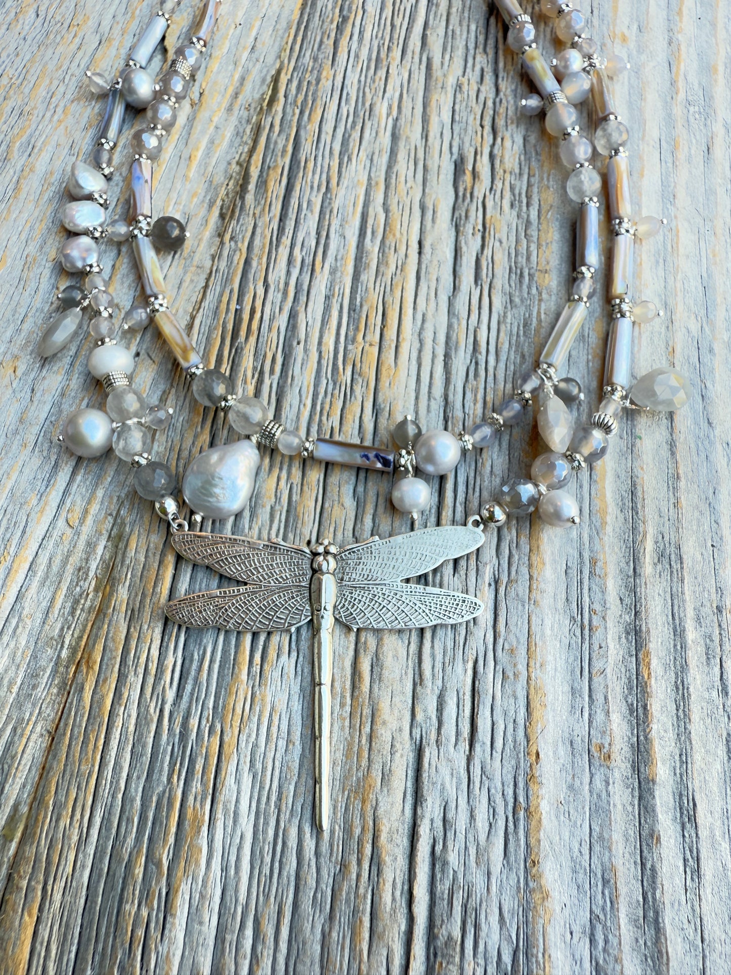 16" Semi Precious Double Strand Silver Grey and Pearl Necklace with Dragon Fly Pendant