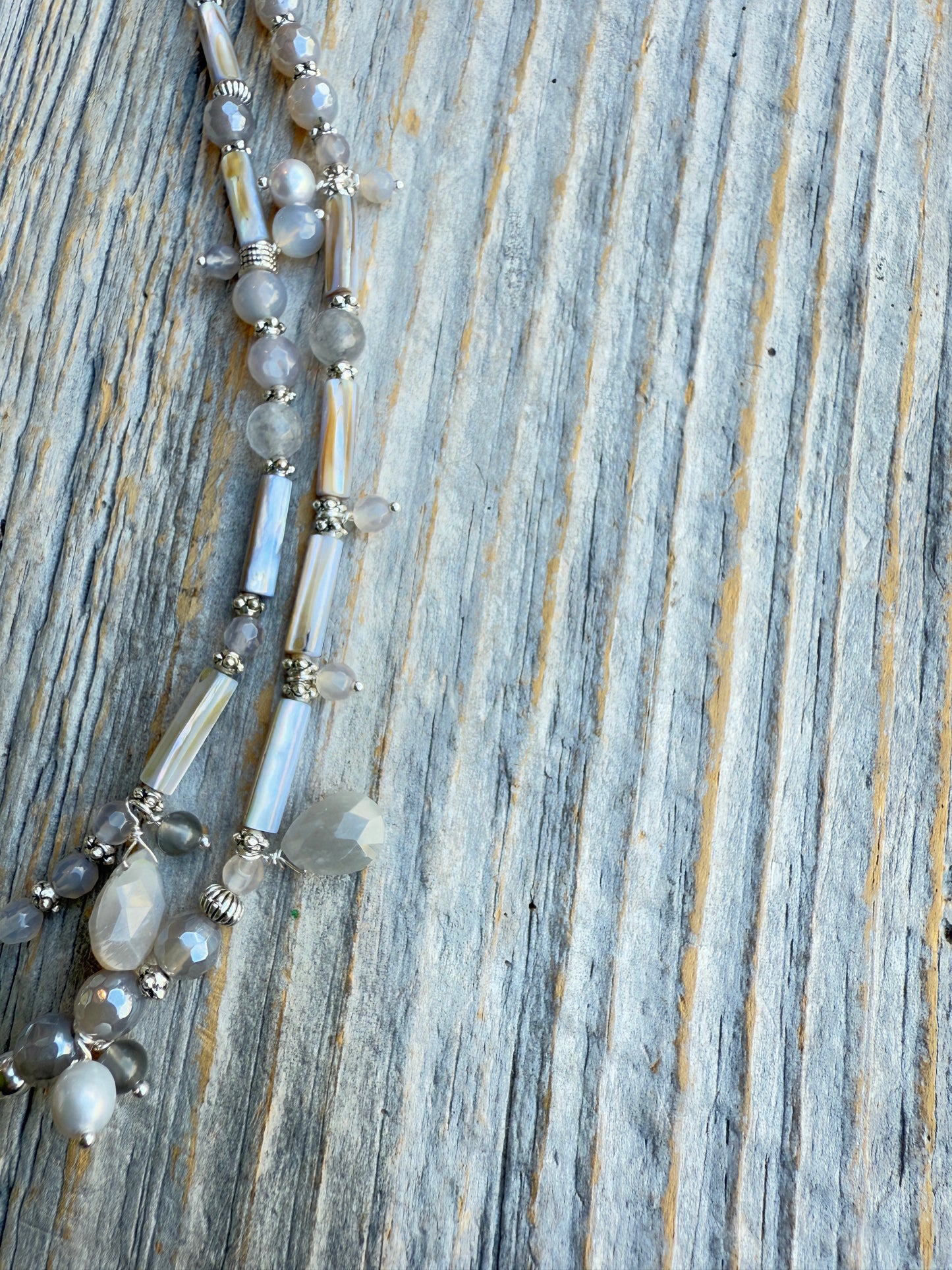 16" Semi Precious Double Strand Silver Grey and Pearl Necklace with Dragon Fly Pendant