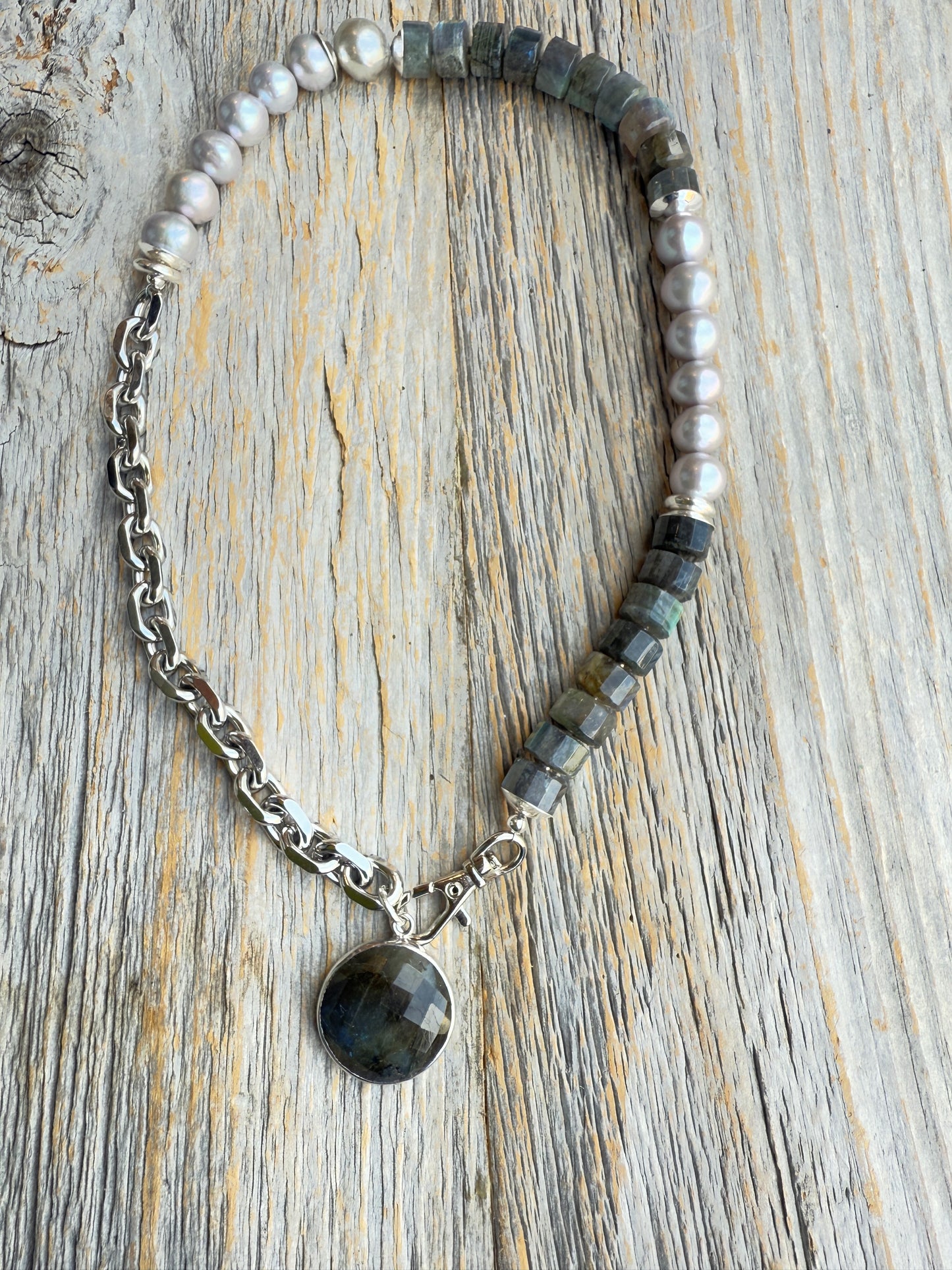 20" Chunky Semi Precious Labradorite, Pearl and Silver Necklace