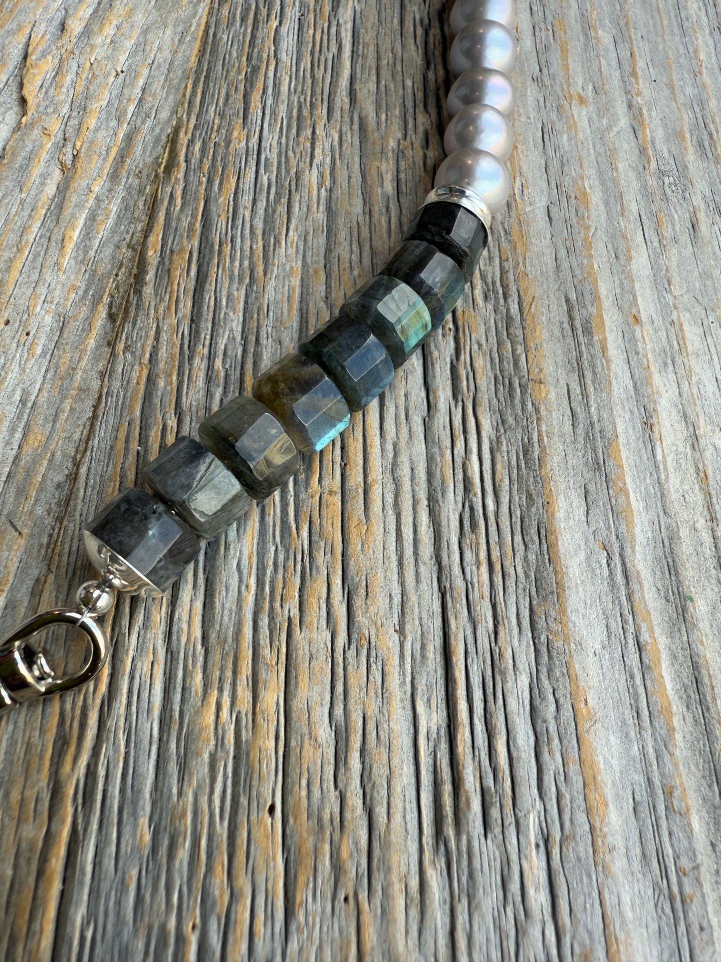 20" Chunky Semi Precious Labradorite, Pearl and Silver Necklace