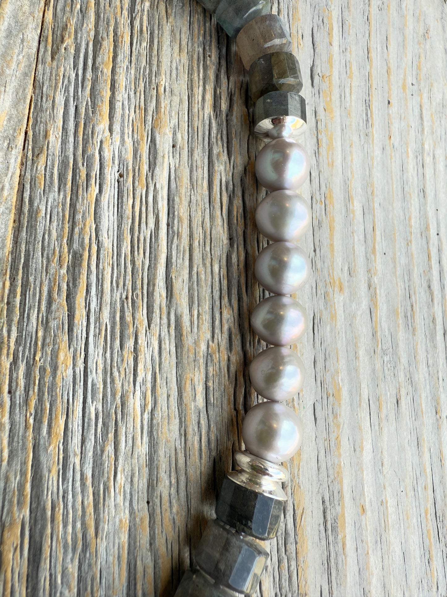 20" Chunky Semi Precious Labradorite, Pearl and Silver Necklace