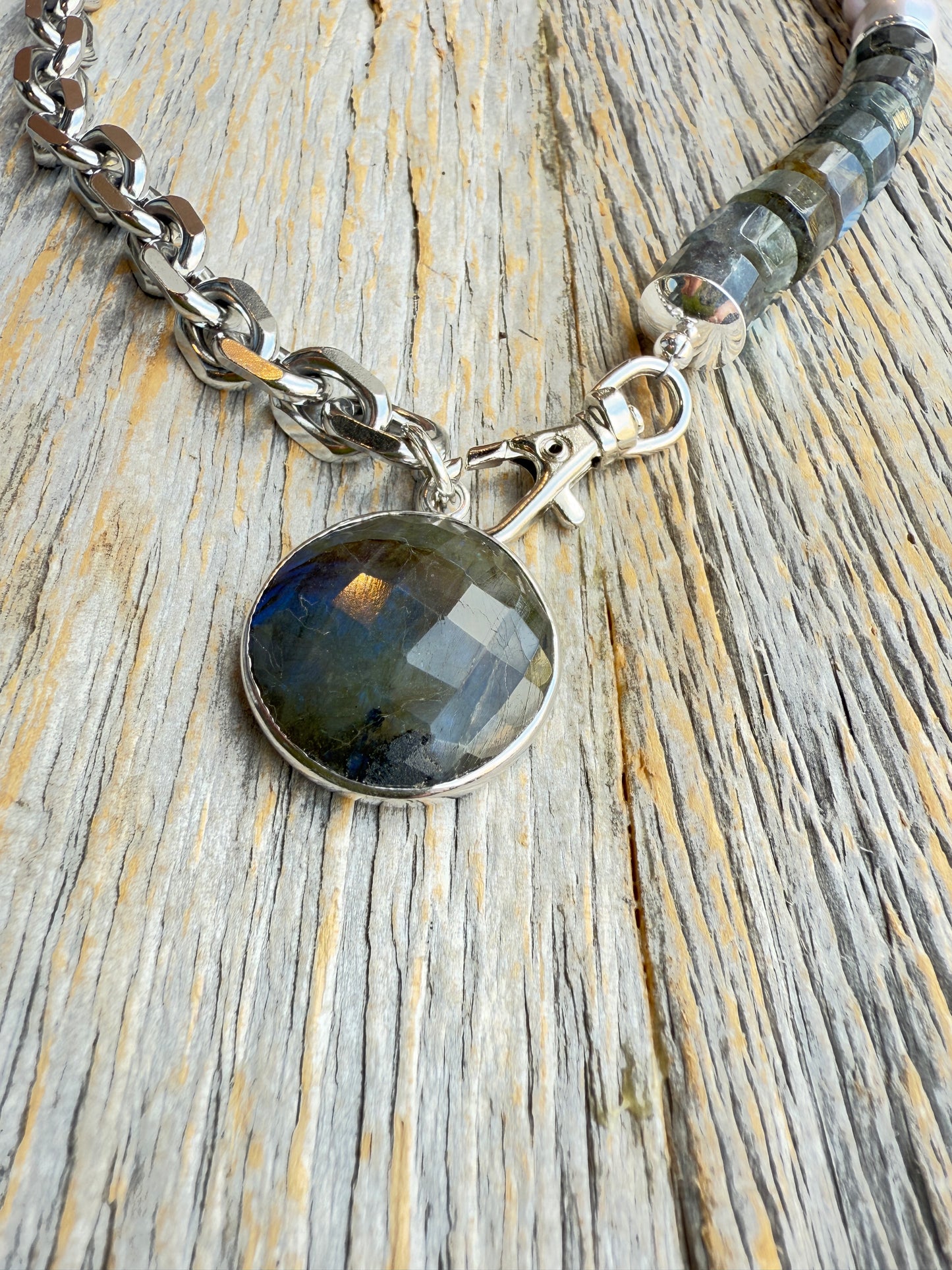 20" Chunky Semi Precious Labradorite, Pearl and Silver Necklace