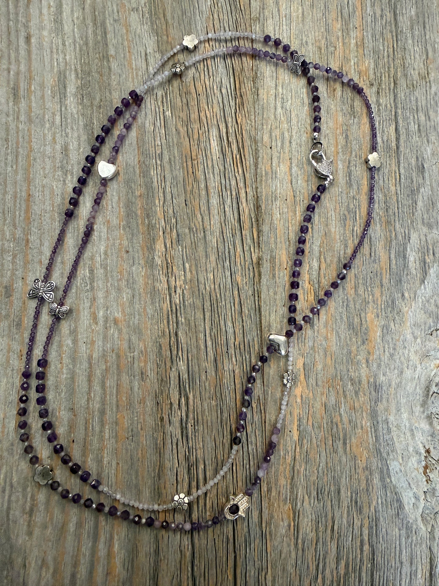52" Assorted Faceted Semi Precious Long Necklace with Silver Beads- Amethyst Lavender Jade