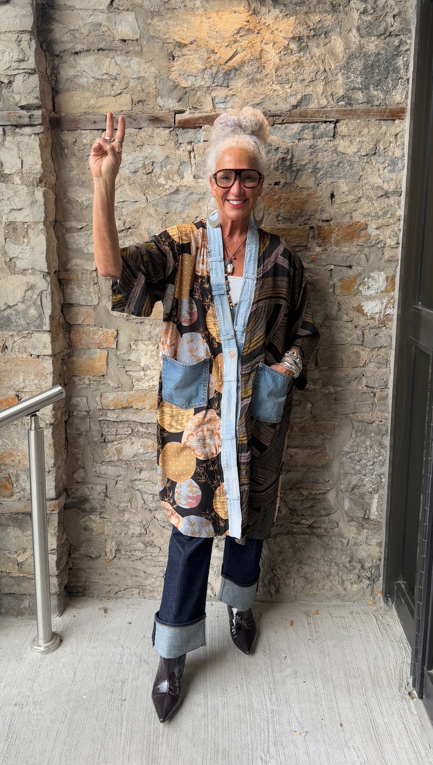 Midi Pattern cardigan with up cycled  Denim Trim  Black Yellow Brown Blue pattern