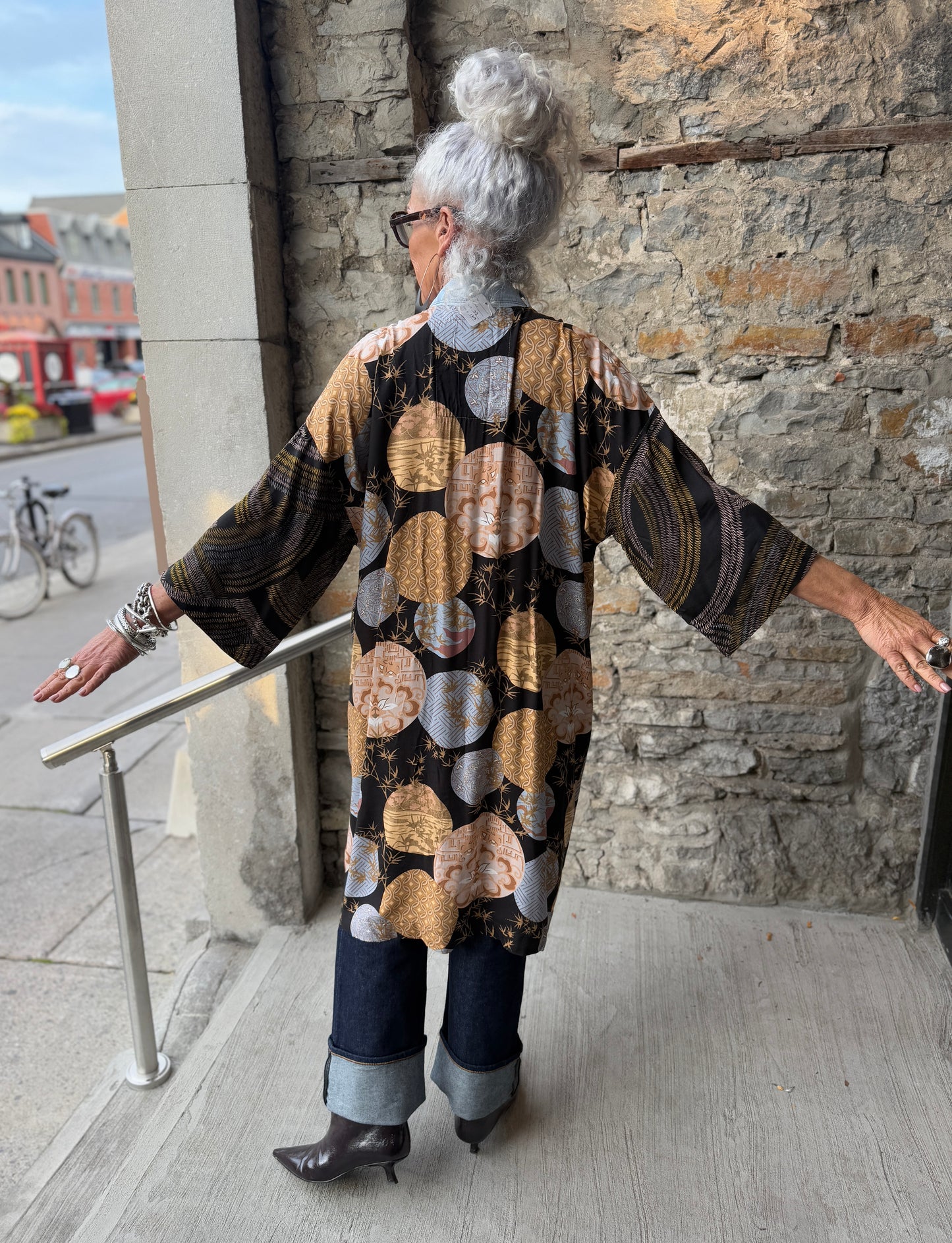 Midi Pattern cardigan with up cycled  Denim Trim  Black Yellow Brown Blue pattern