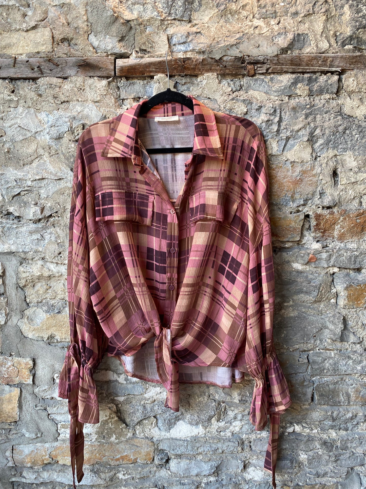Plaid Tie Front Shirt - Pink Mix