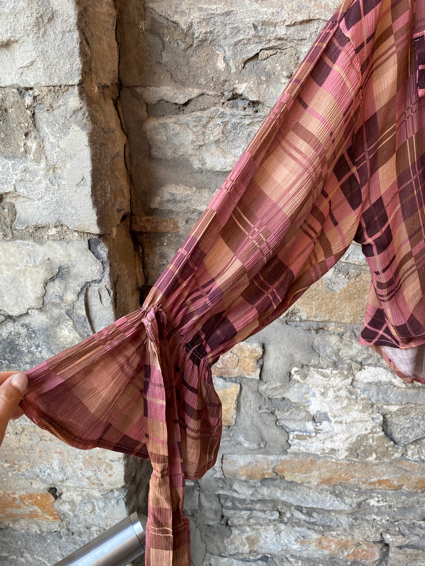 Plaid Tie Front Shirt with Unique Ruffle Cuff- Pink Brown Beige Tan Mix