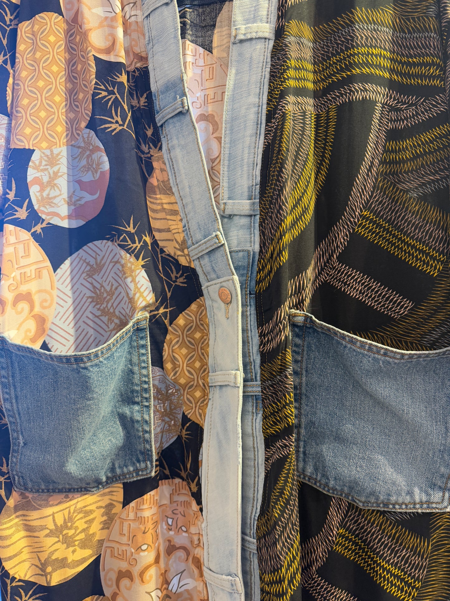 Midi Pattern cardigan with up cycled  Denim Trim  Black Yellow Brown Blue pattern