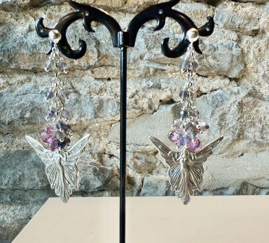 One of a Kind Silver Fairy Drop Earring with semi precious beads - Purple Pink