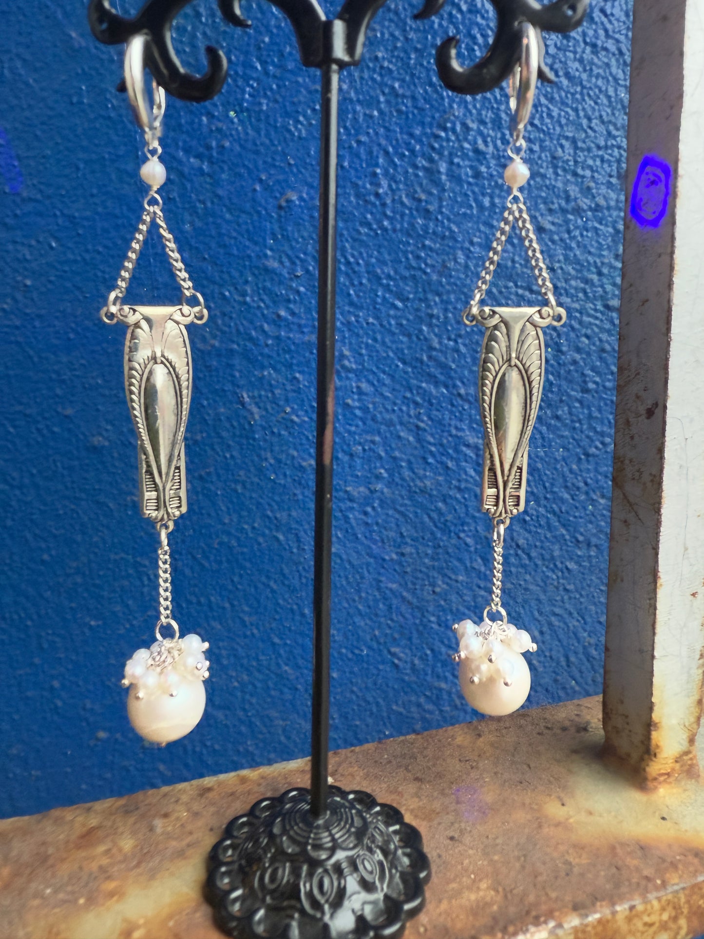 Silver Art Deco Silver Earrings with Pearl Drop