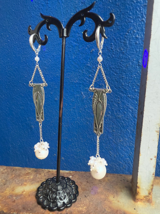 Silver Art Deco Silver Earrings with Pearl Drop