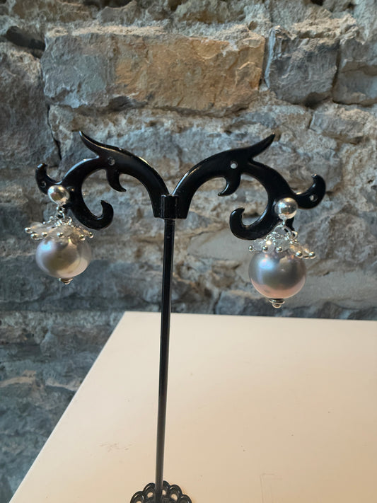 Grey Pearl with Silver Stud Earring with semi precious cluster