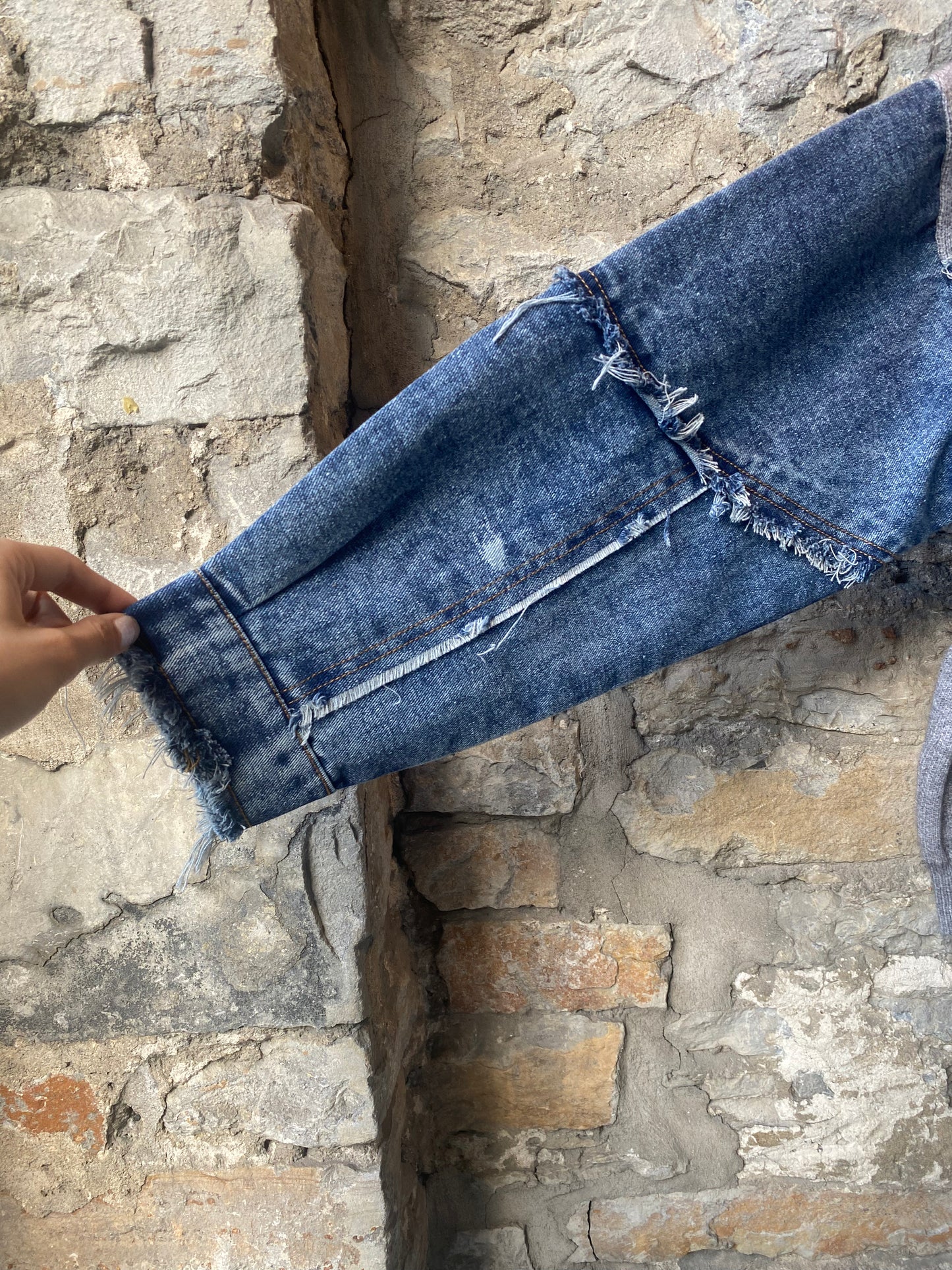 Grey Knit Zip-up Hoody with Denim Patches