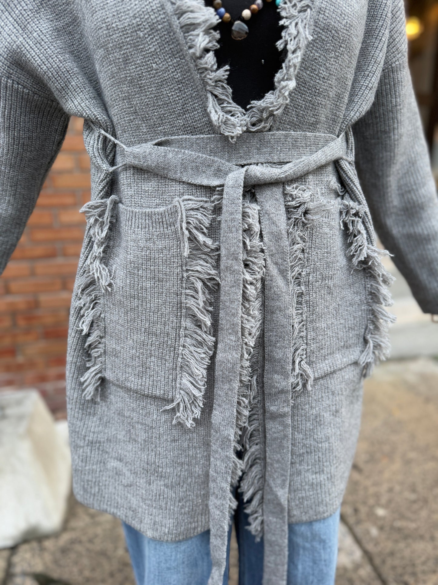 Grey Knit Belted Cardigan with Fringe Detail