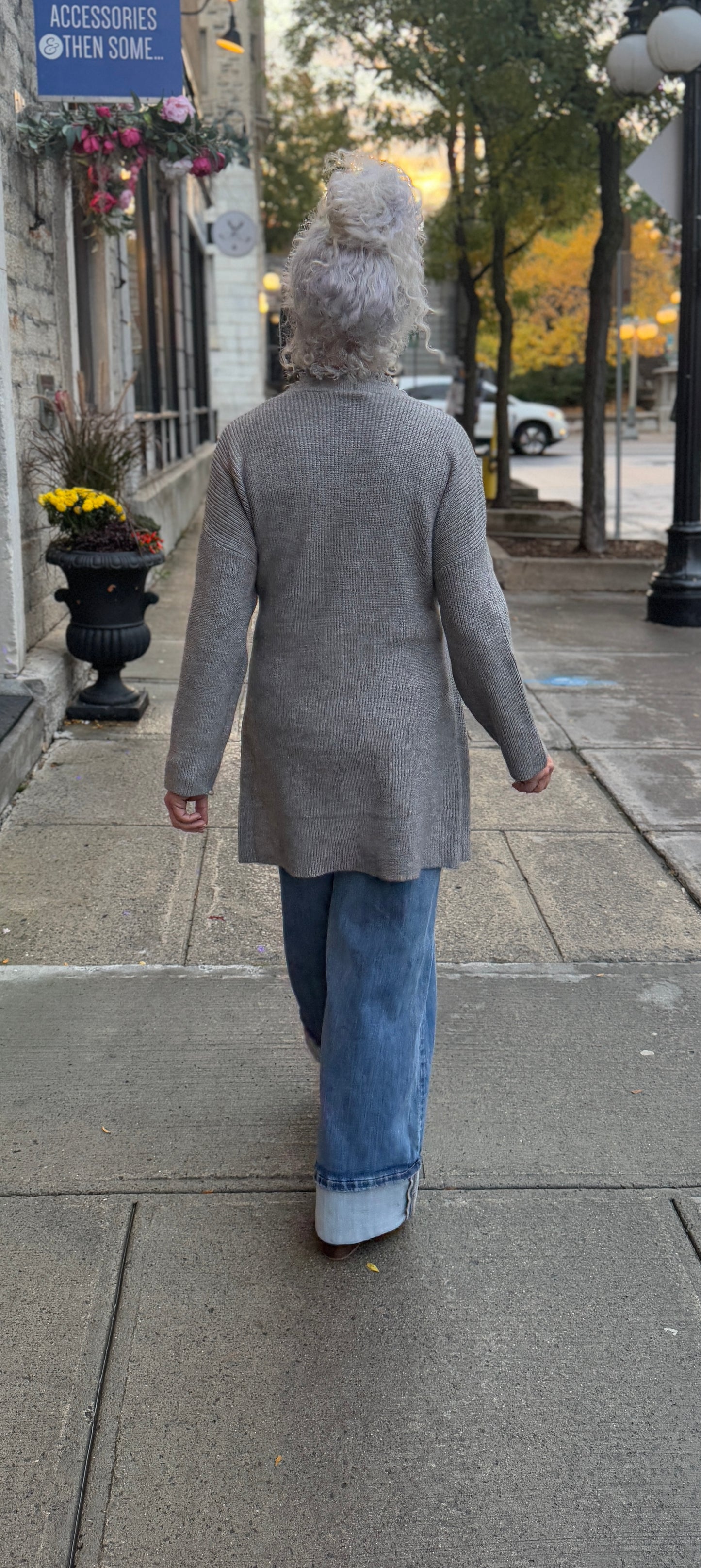 Grey Knit Belted Cardigan with Fringe Detail