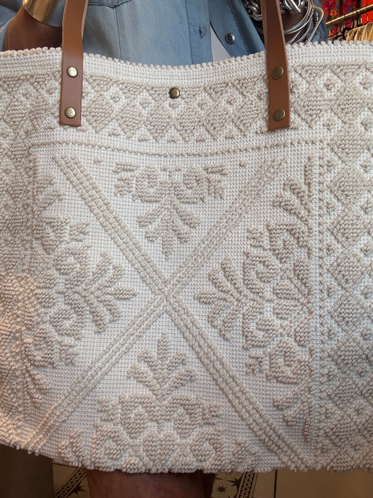100% Cotton Woven Shoulder Tote with Leather Handle - Ivory