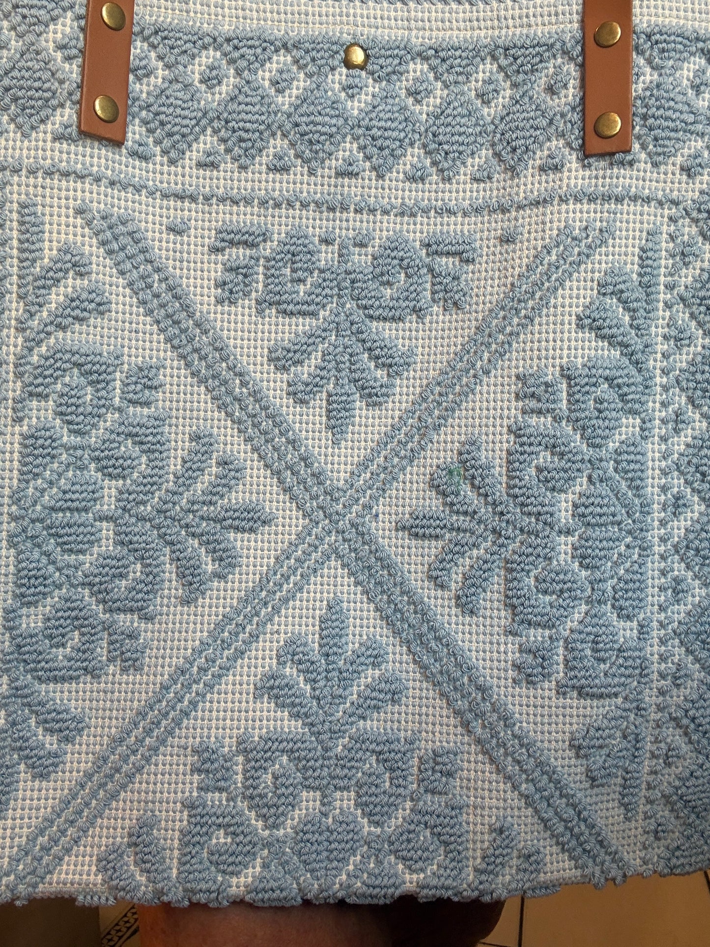 100% Cotton Woven Shoulder Tote with Leather Handle - Baby Blue