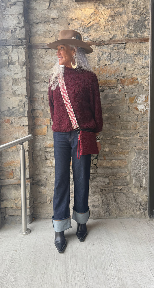 Light Weight Roll Neck Teddy Sweater - BURGUNDY