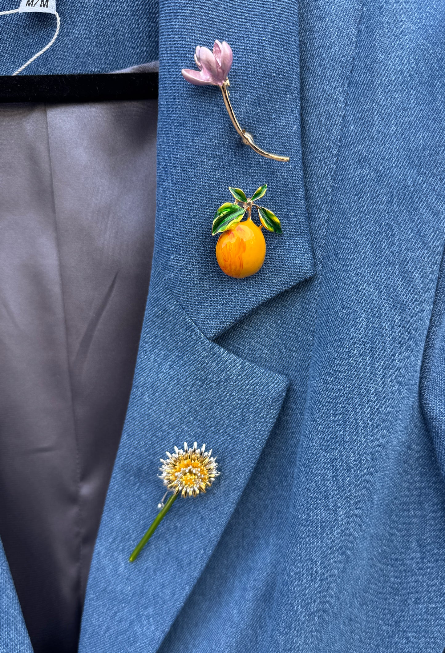 100% Cotton Denim Blazer with Assorted Brooches