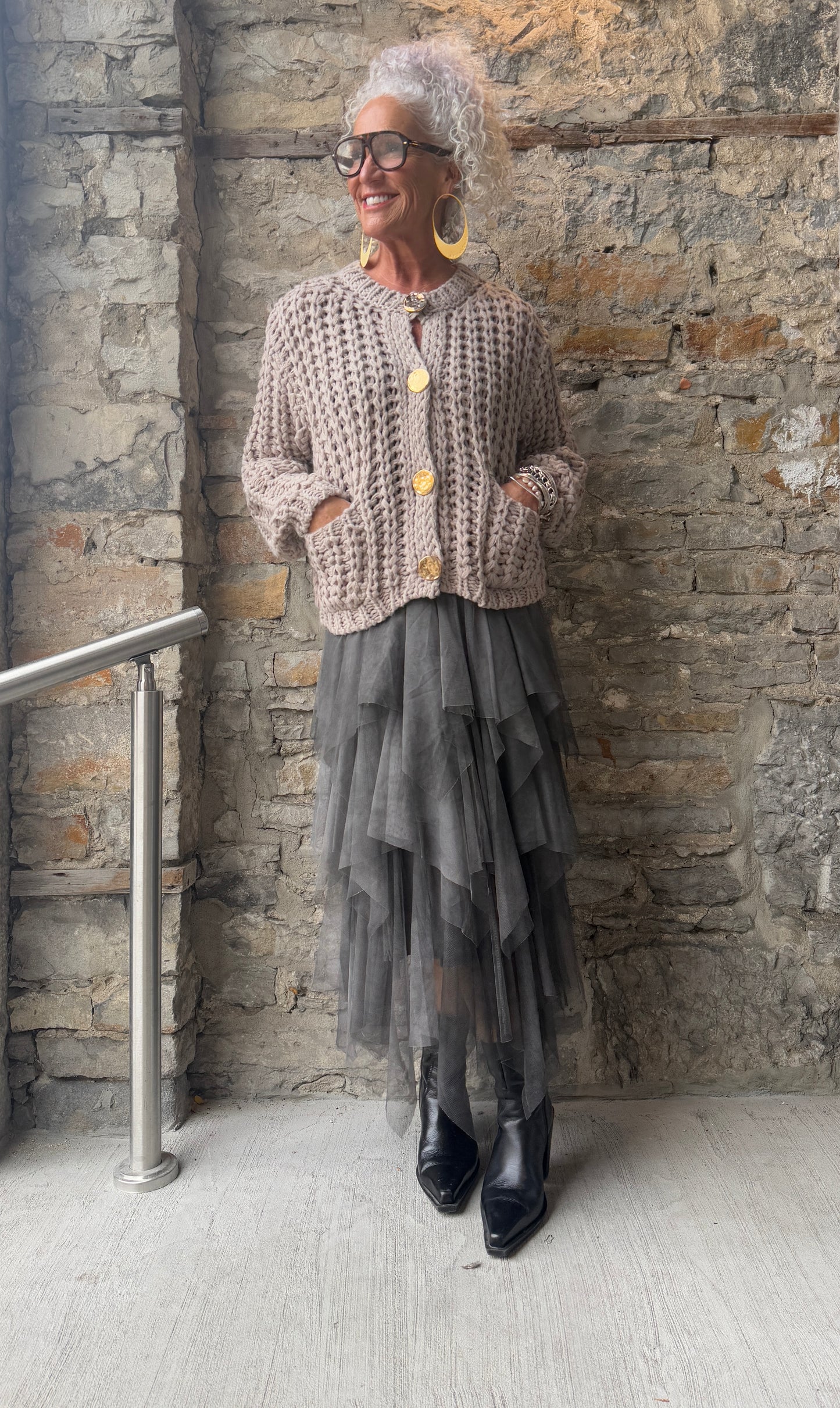 Chunky Loose Knit Cardigan with Gold Buttons