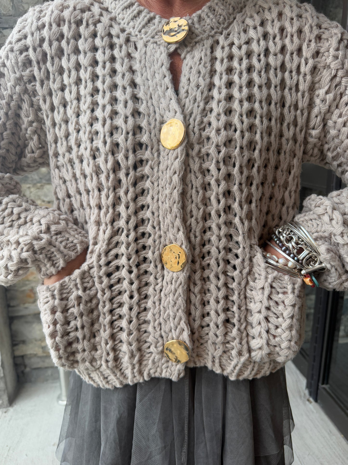 Chunky Loose Knit Cardigan with Gold Buttons