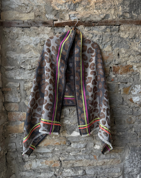 Animal Print Scarf with Neon Stripe Brown Beige Grey Pink Yellow Orange