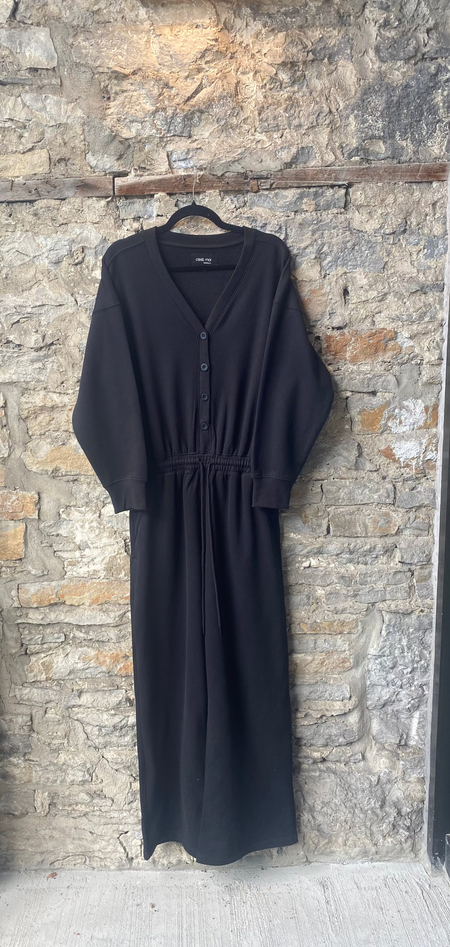 Cotton Long Sleeve Wide Leg Jumpsuit- BLACK
