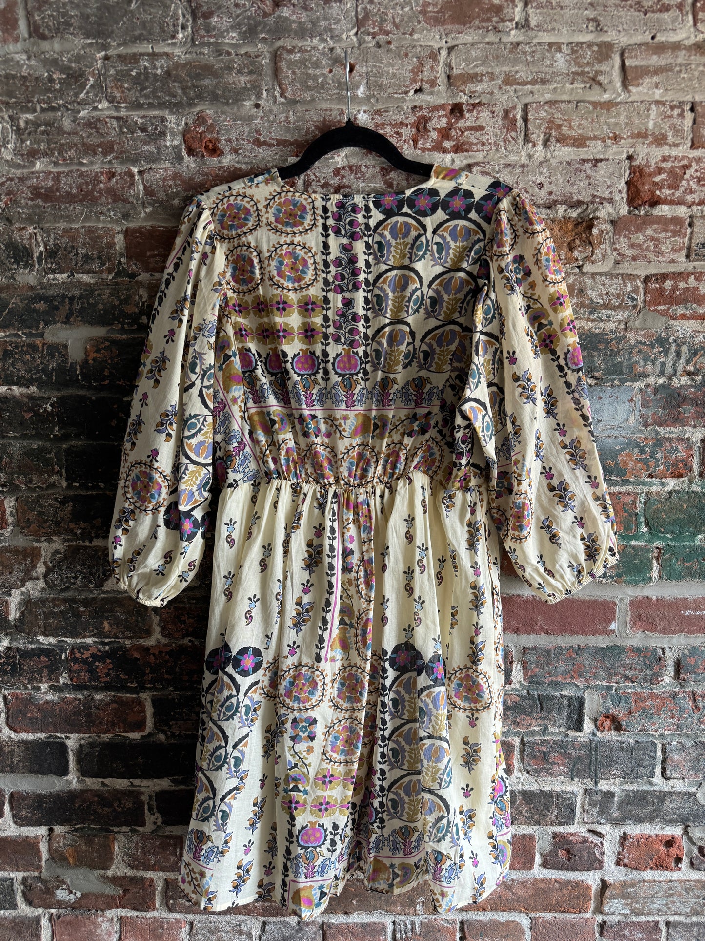 100% Linen Empire Waist Bohemian Patterned Dress with Pockets