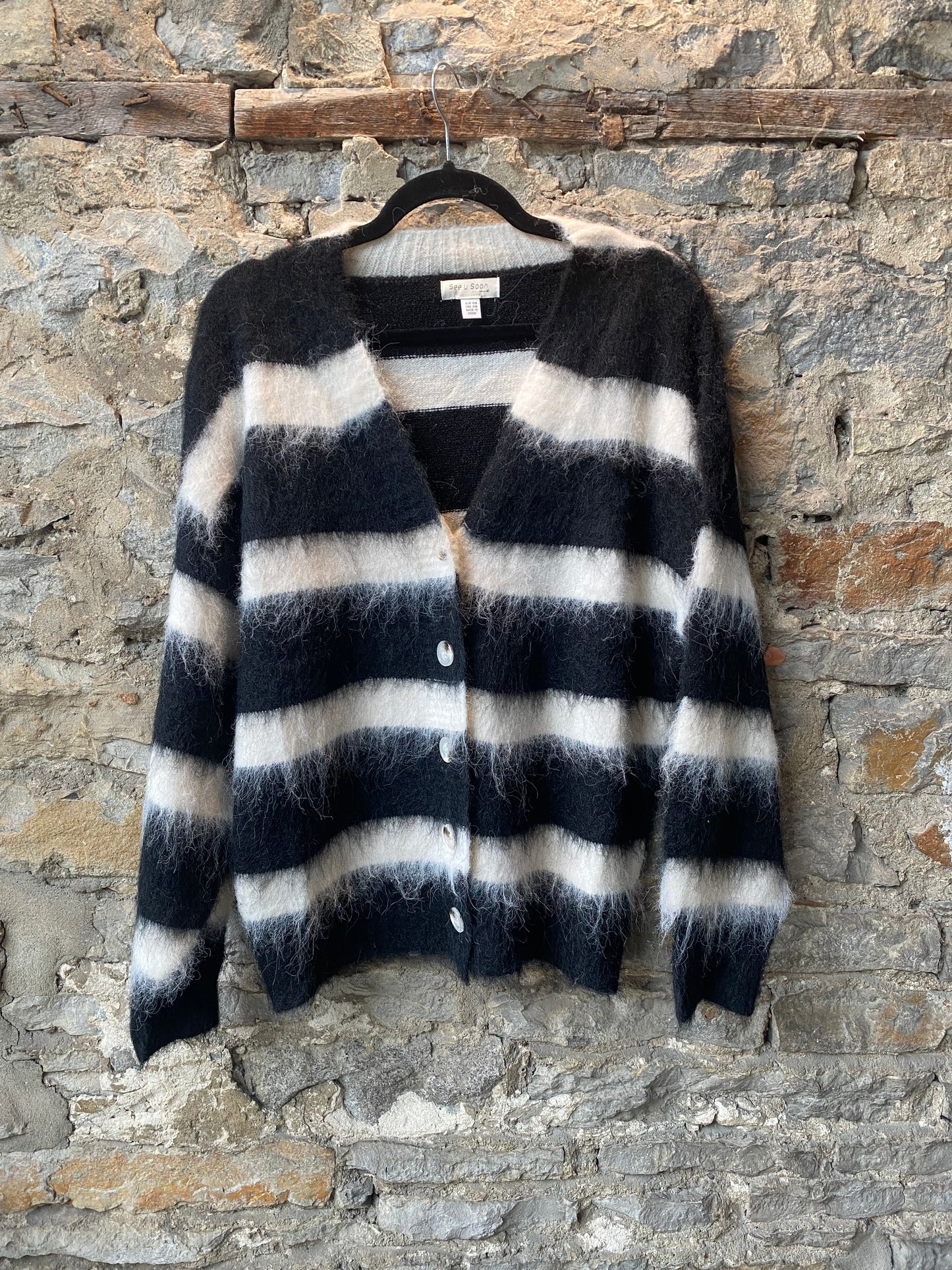 Oversized Fluffy Black and White Striped Cardigan