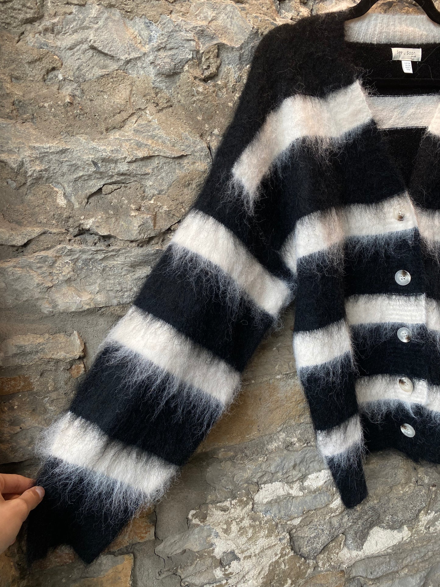Oversized Fluffy Black and White Striped Cardigan
