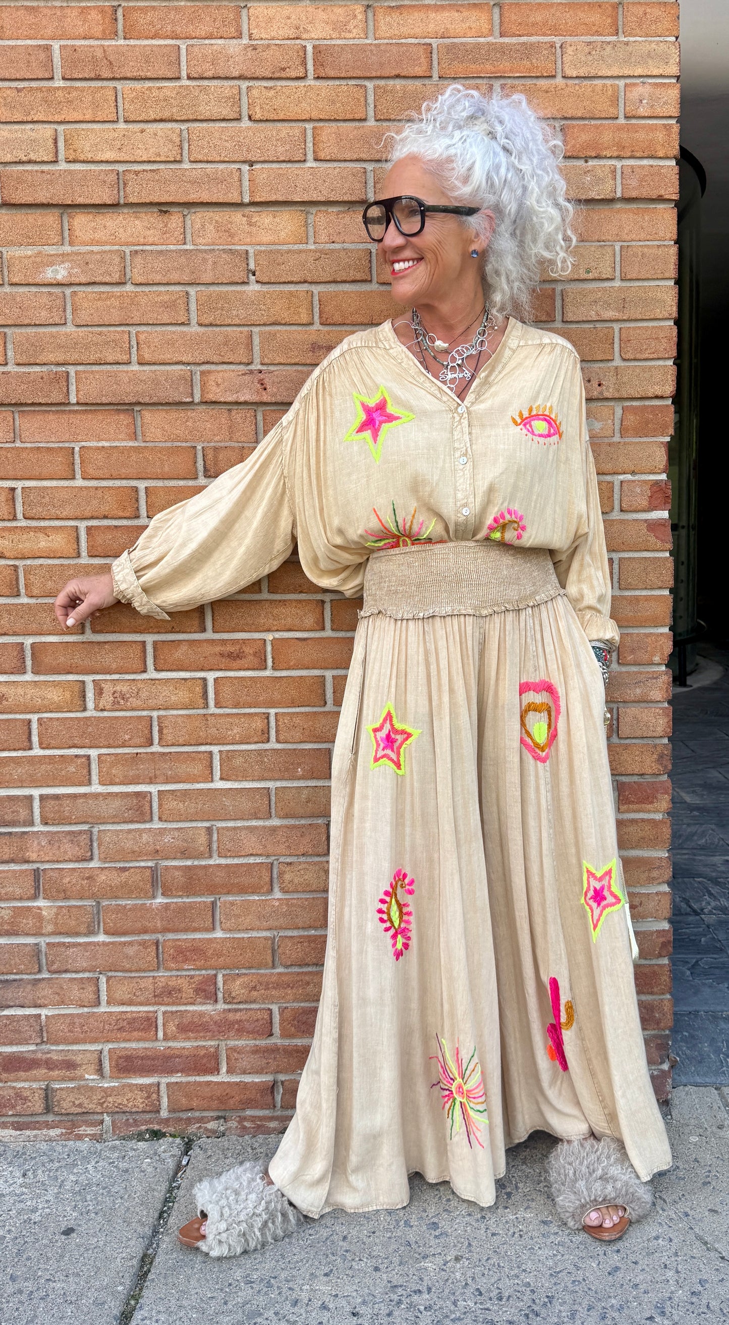 2 pc SET Boho Top with Palazzo Pant- TAN with Multi Colour Embroidery