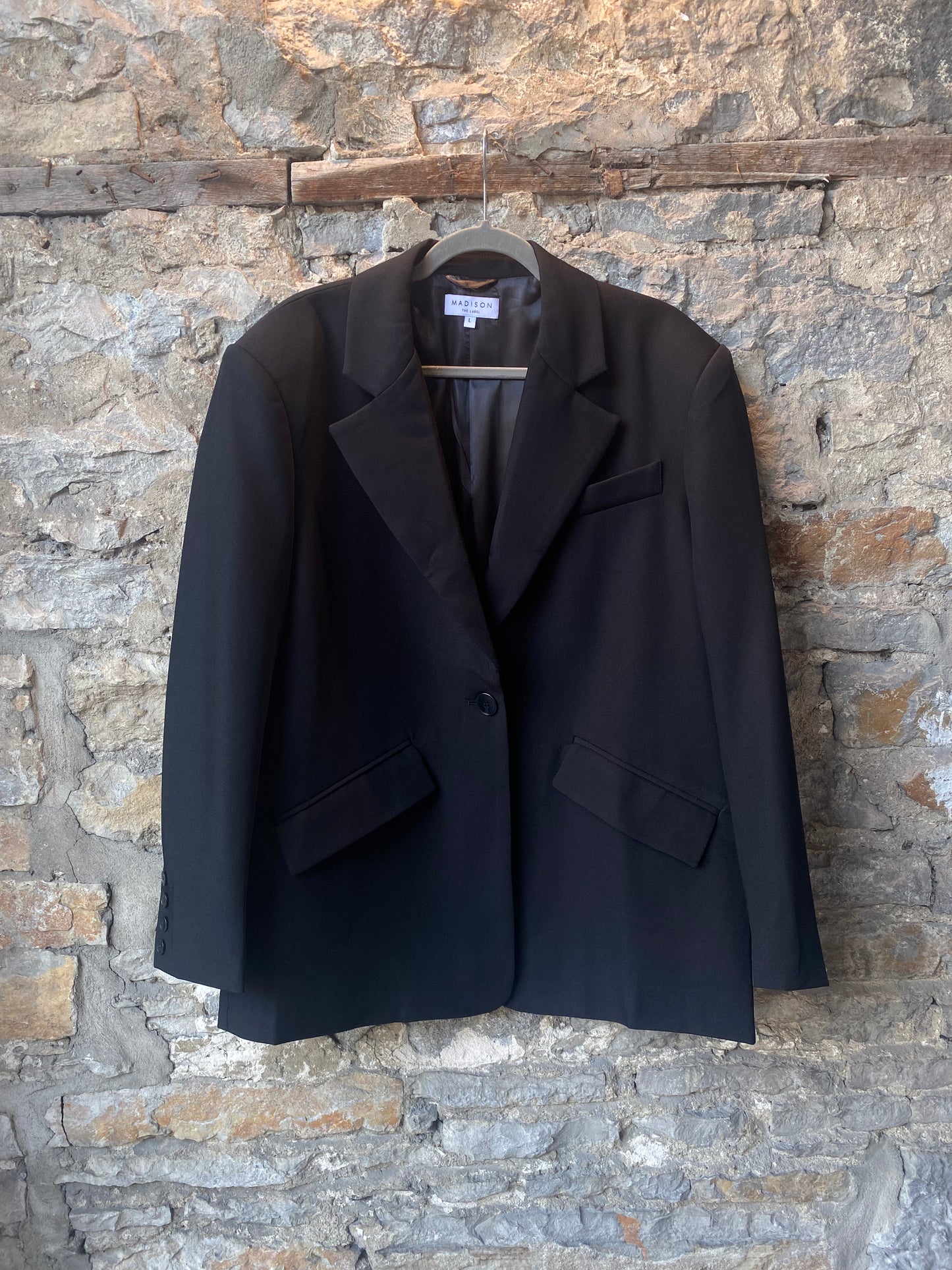 One Button Black Blazer with padded shoulders