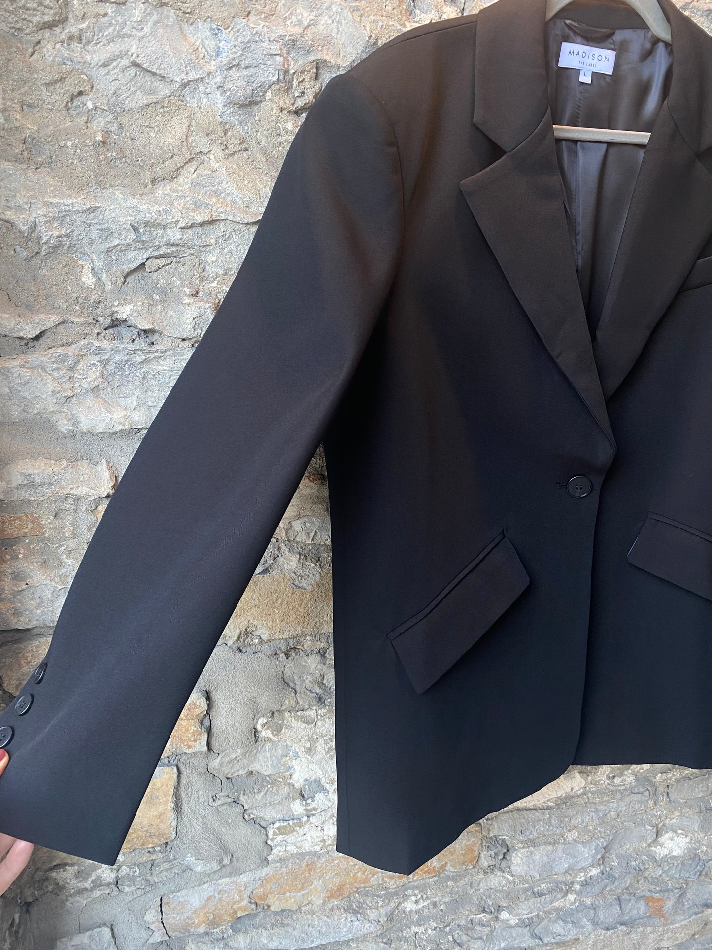 One Button Black Blazer with padded shoulders