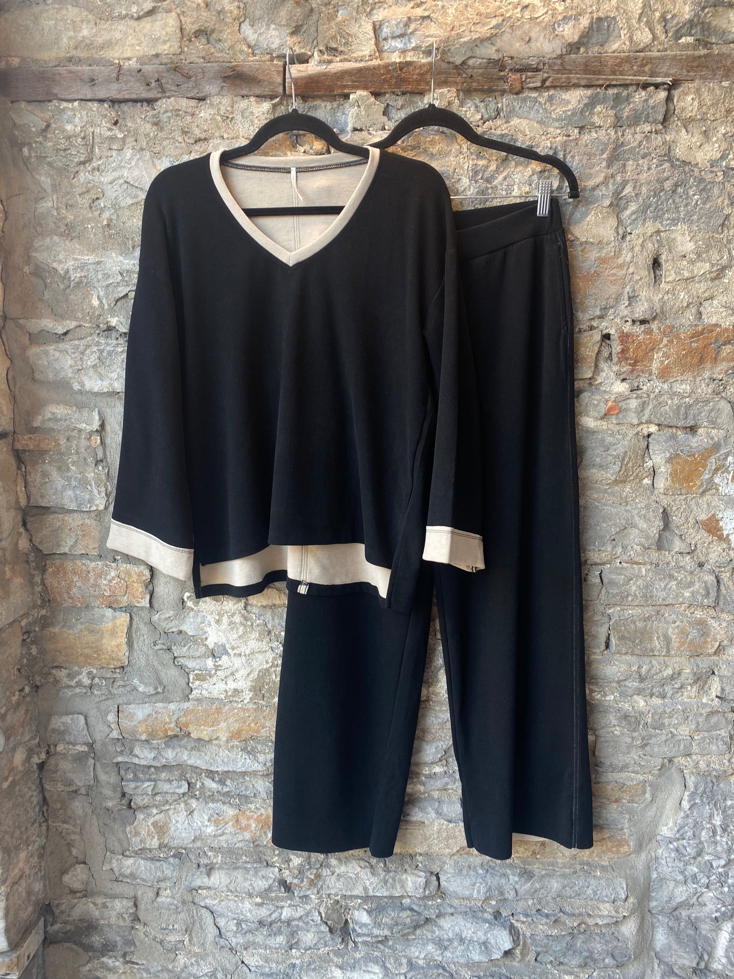 V-neck Sweater and Straight Leg Pant 2pc SET- BLACK and LIGHT TAUPE