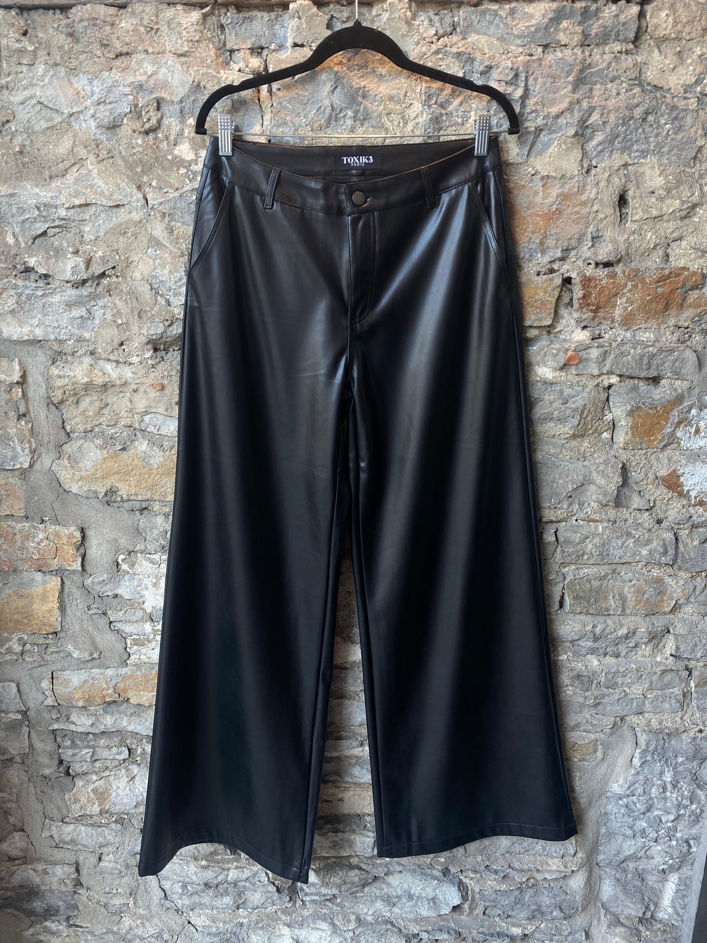 Wide Leg Pleather Pants WITH POCKETS - BLACK