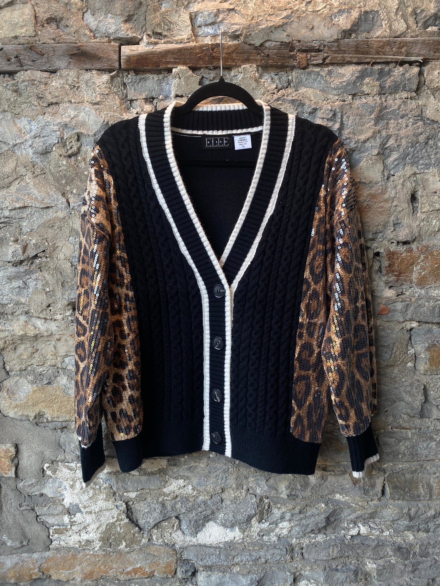 Cable Knit Cardigan with Sequin Animal Print Sleeves
