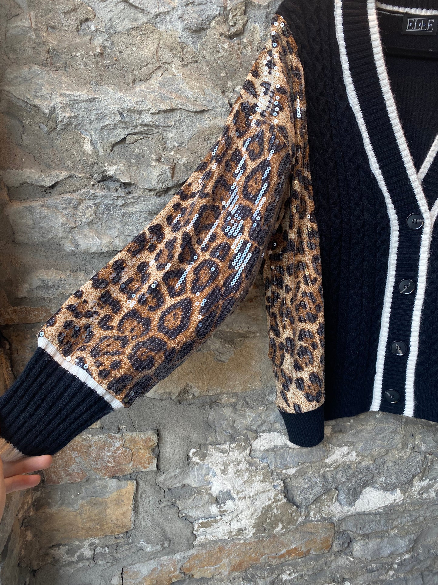 Cable Knit Cardigan with Sequin Animal Print Sleeves