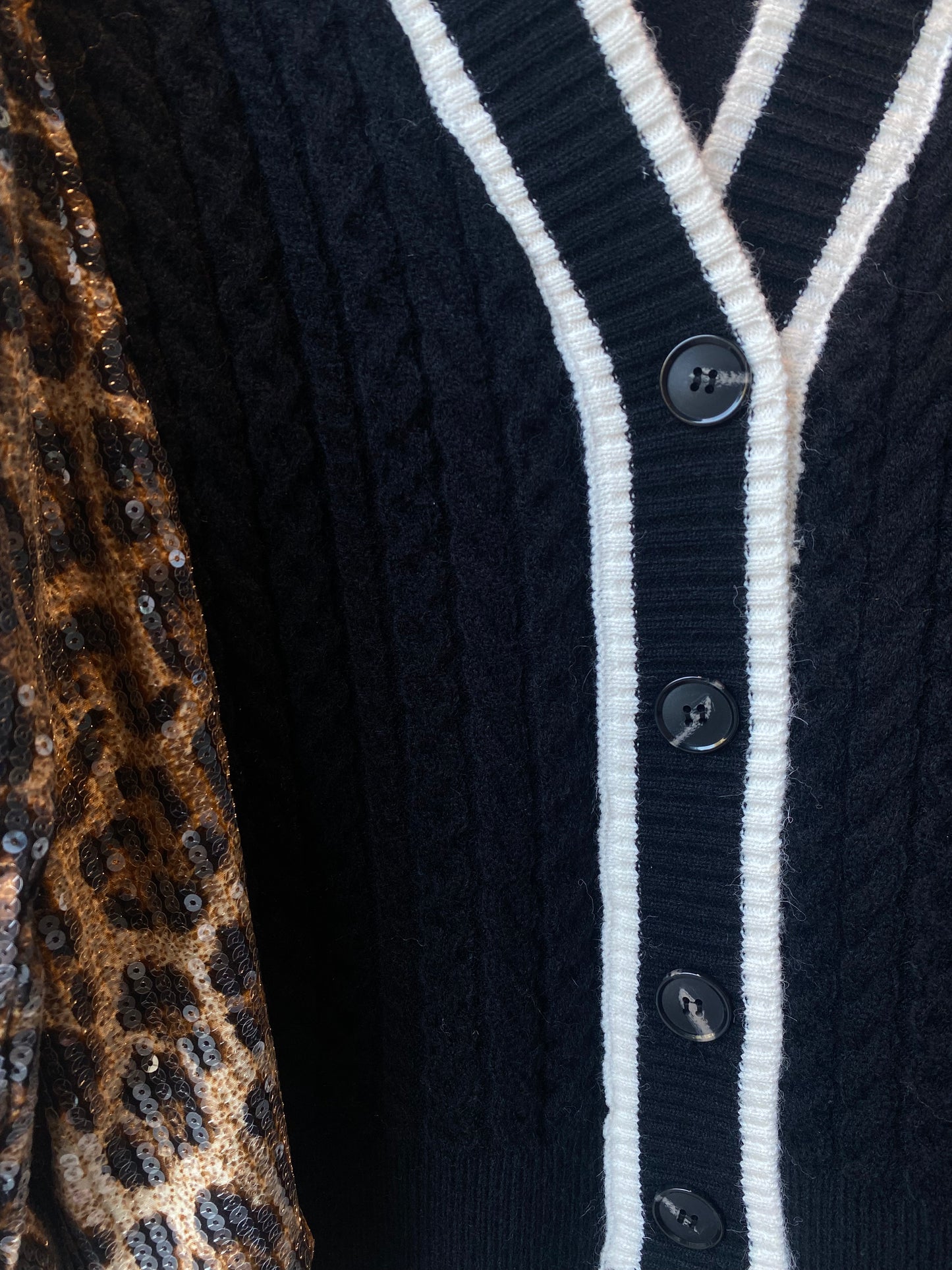 Cable Knit Cardigan with Sequin Animal Print Sleeves