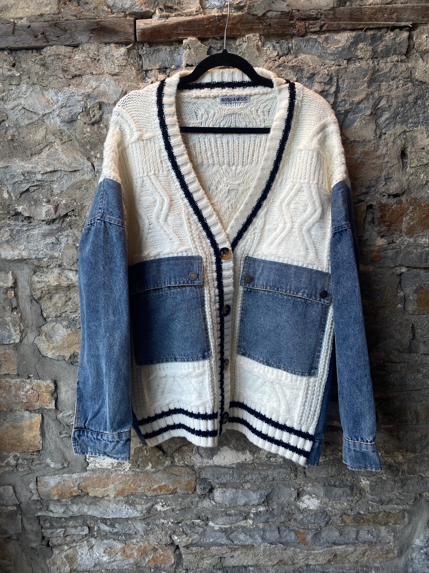 Oversized Ivory Cable Cardigan with Denim Sleeves