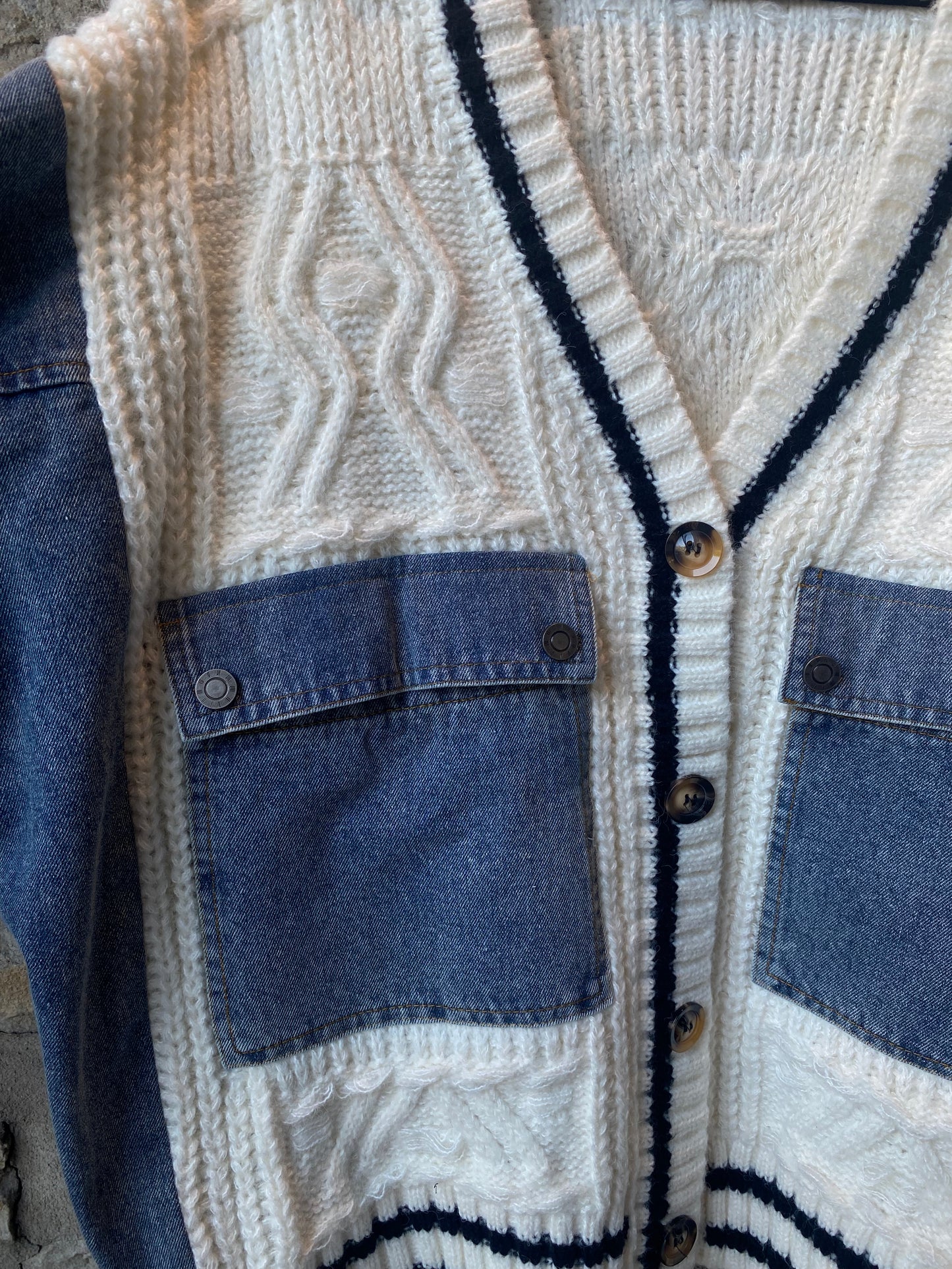 Oversized Ivory Cable Cardigan with Denim Sleeves