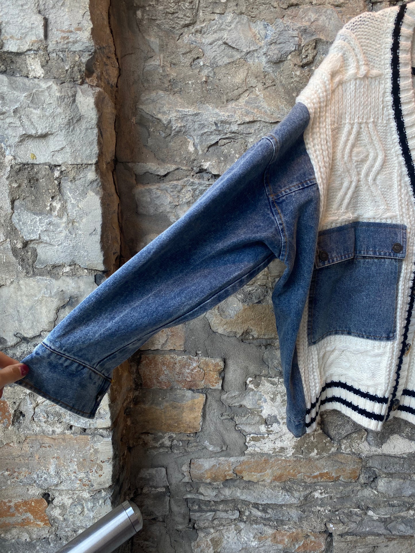 Oversized Ivory Cable Cardigan with Denim Sleeves