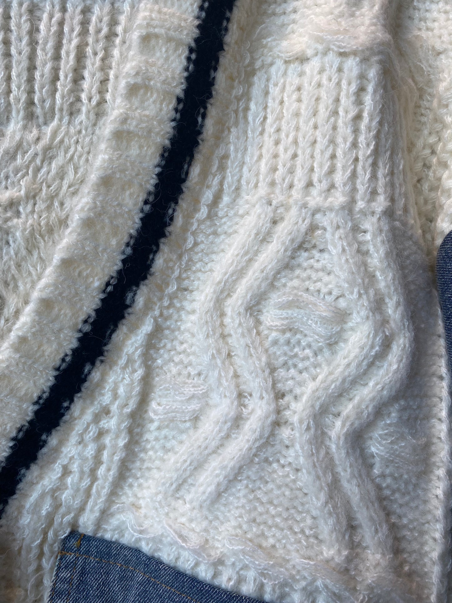 Oversized Ivory Cable Cardigan with Denim Sleeves