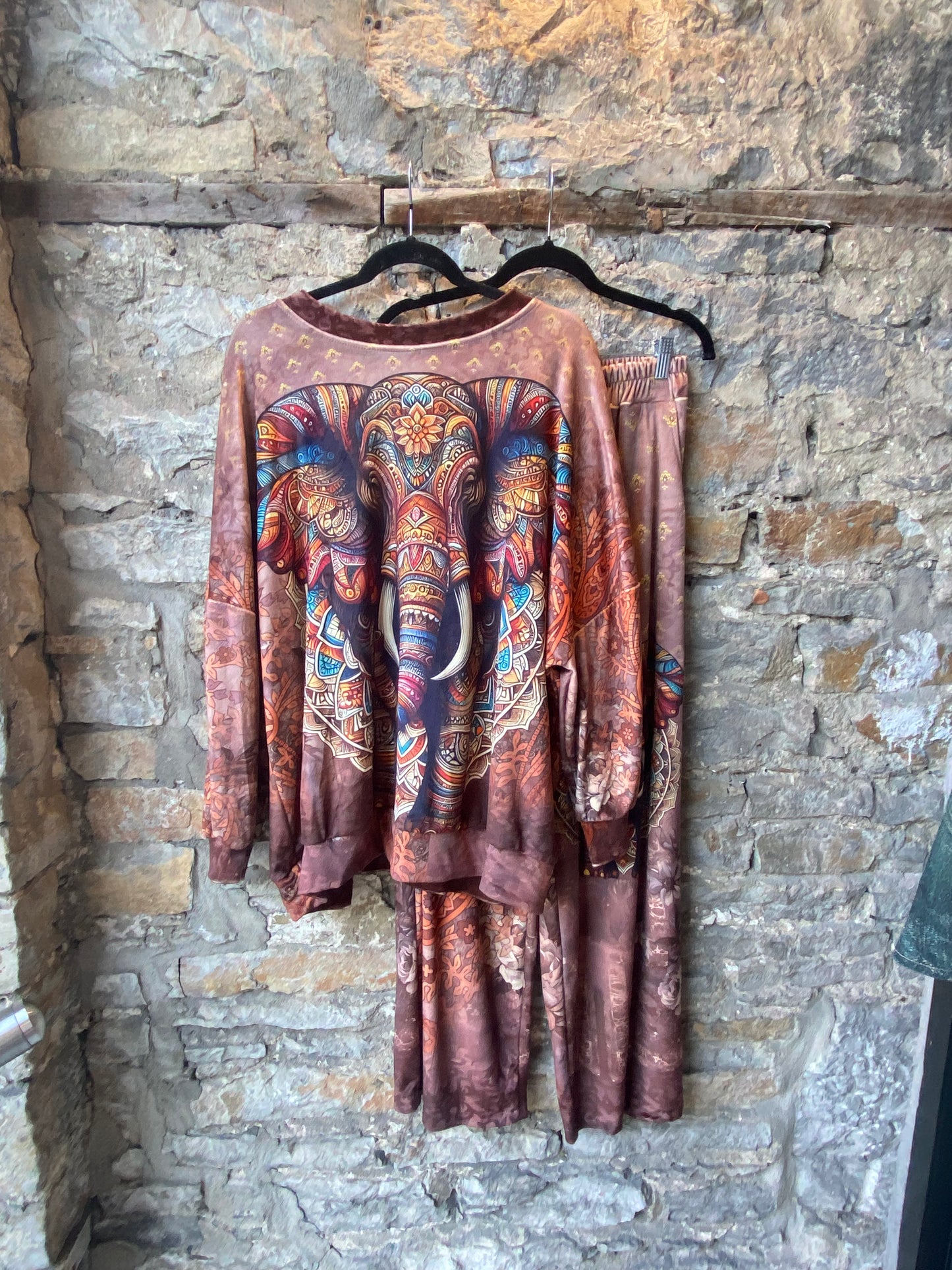 Velour Multicolour Elephant Zen Print Top and Wide Leg Pant 2pc SET