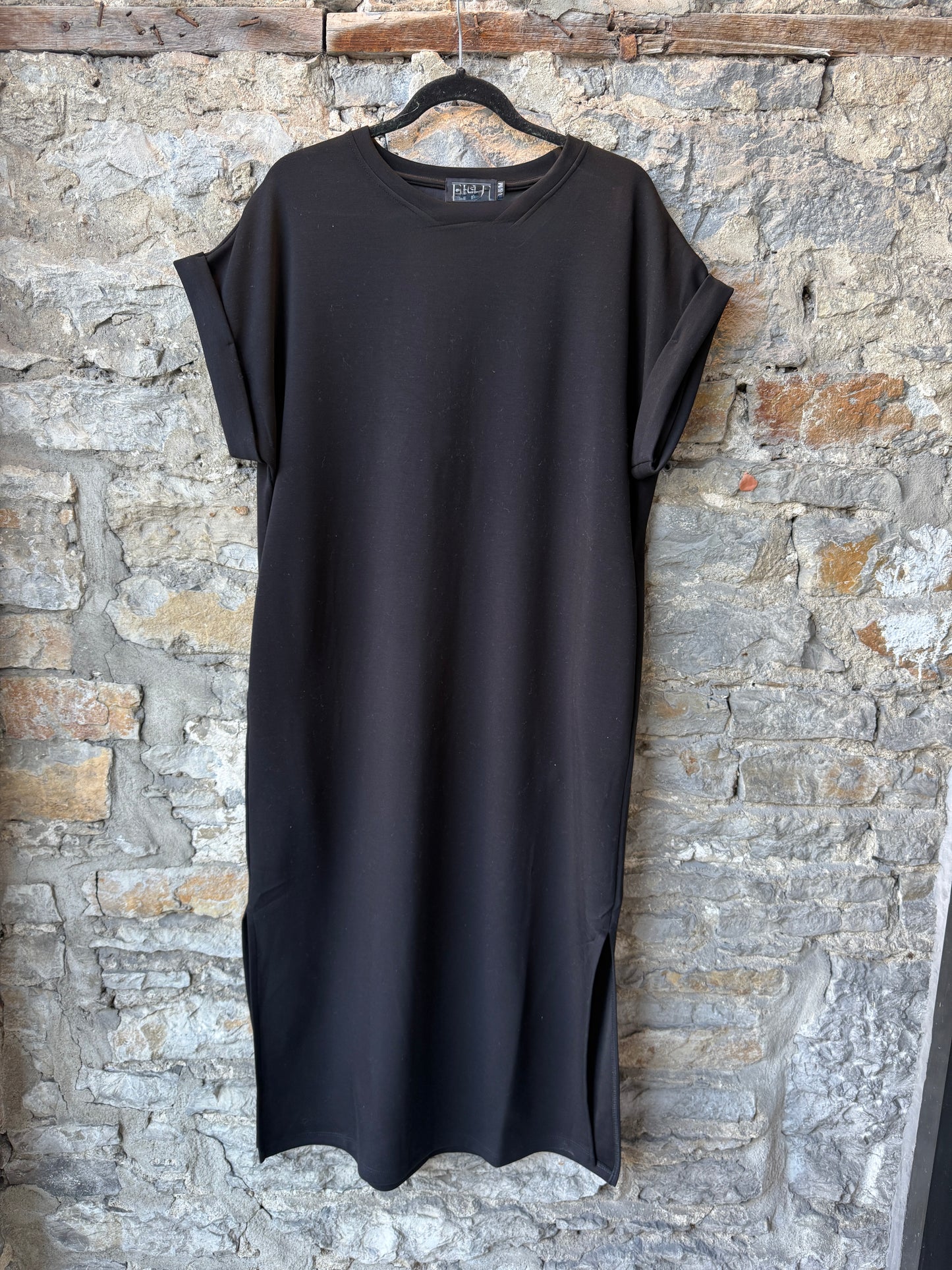 Black Modern Short Sleeve Midi Length Side Slit Dress with POCKETS
