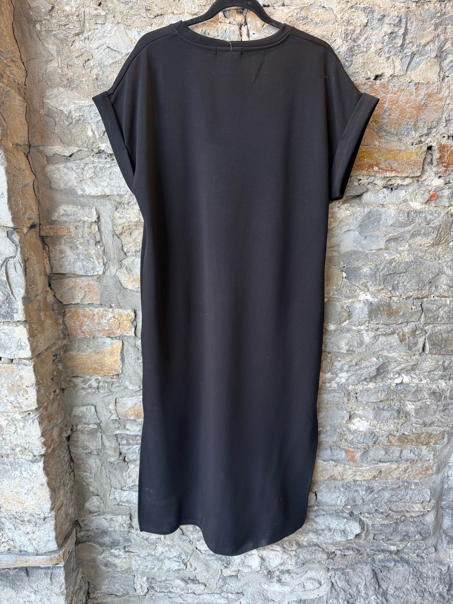 Black Modern Short Sleeve Midi Length Side Slit Dress with POCKETS