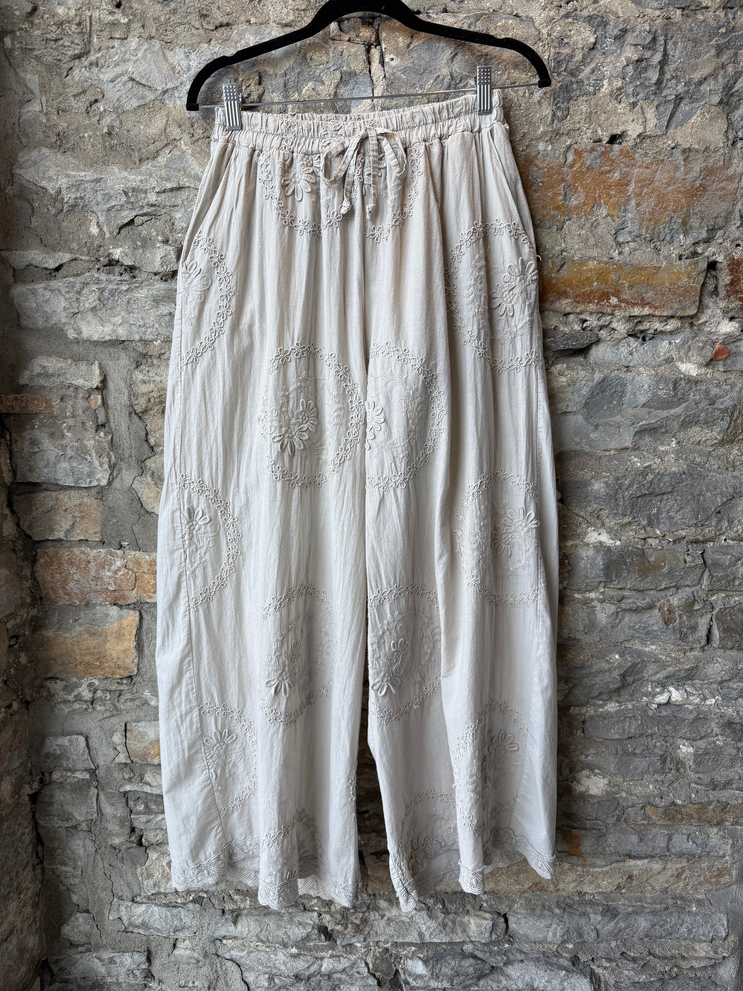 100% Cotton Boho Loose Wide Leg Pant with Pockets and Lace Detail- Sand