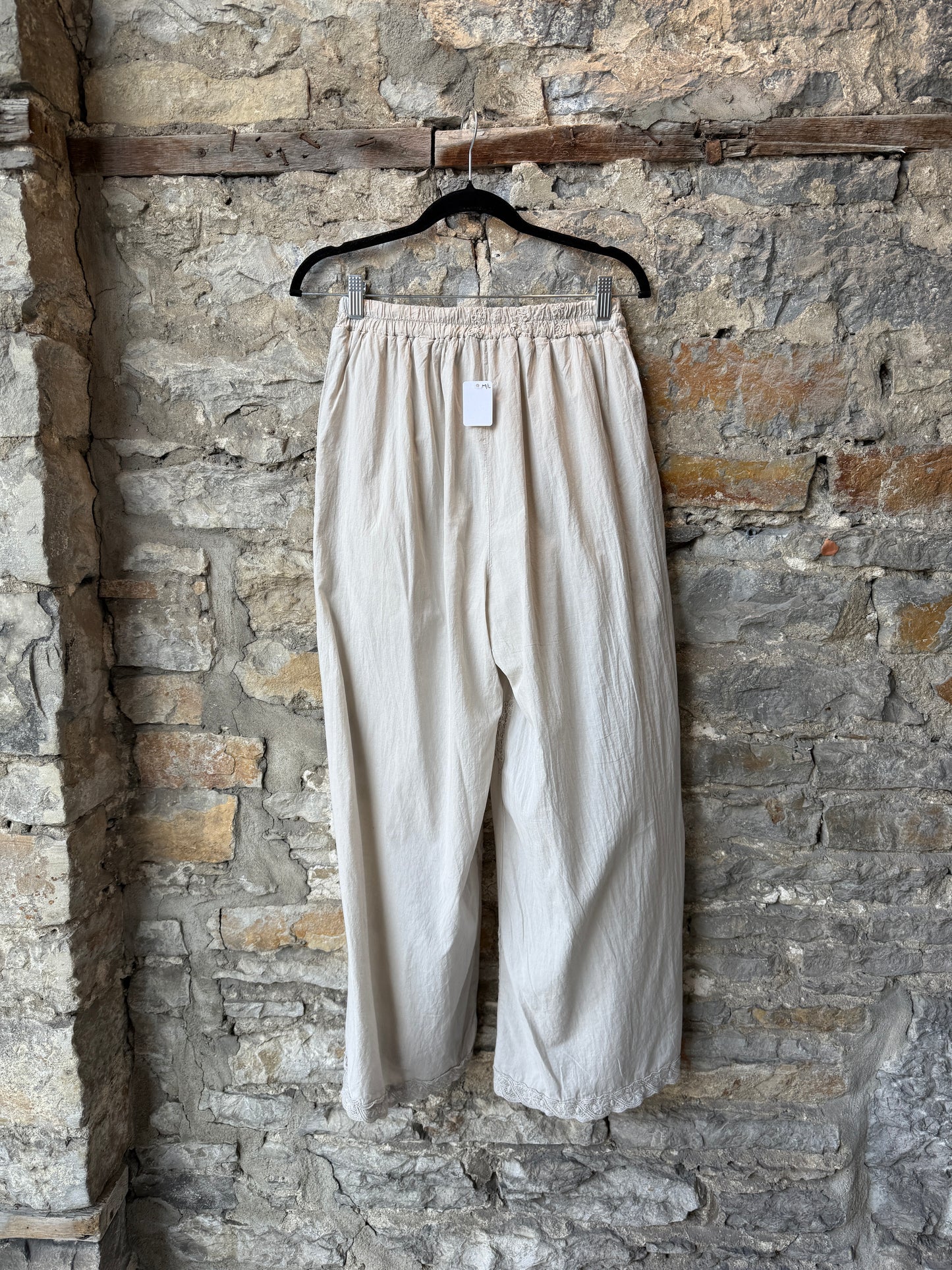 100% Cotton Boho Loose Wide Leg Pant with Pockets and Lace Detail- Sand