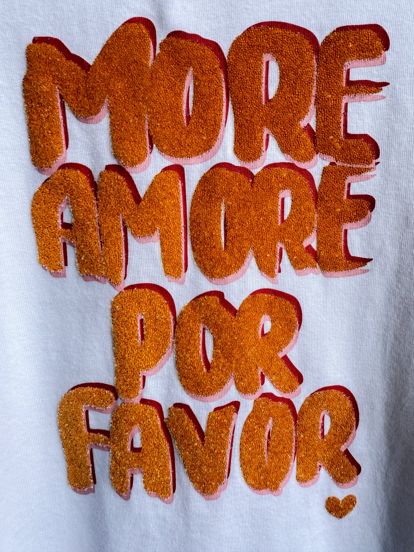 White Short Sleeve T shirt - More Love Please - Orange and Hot Pink