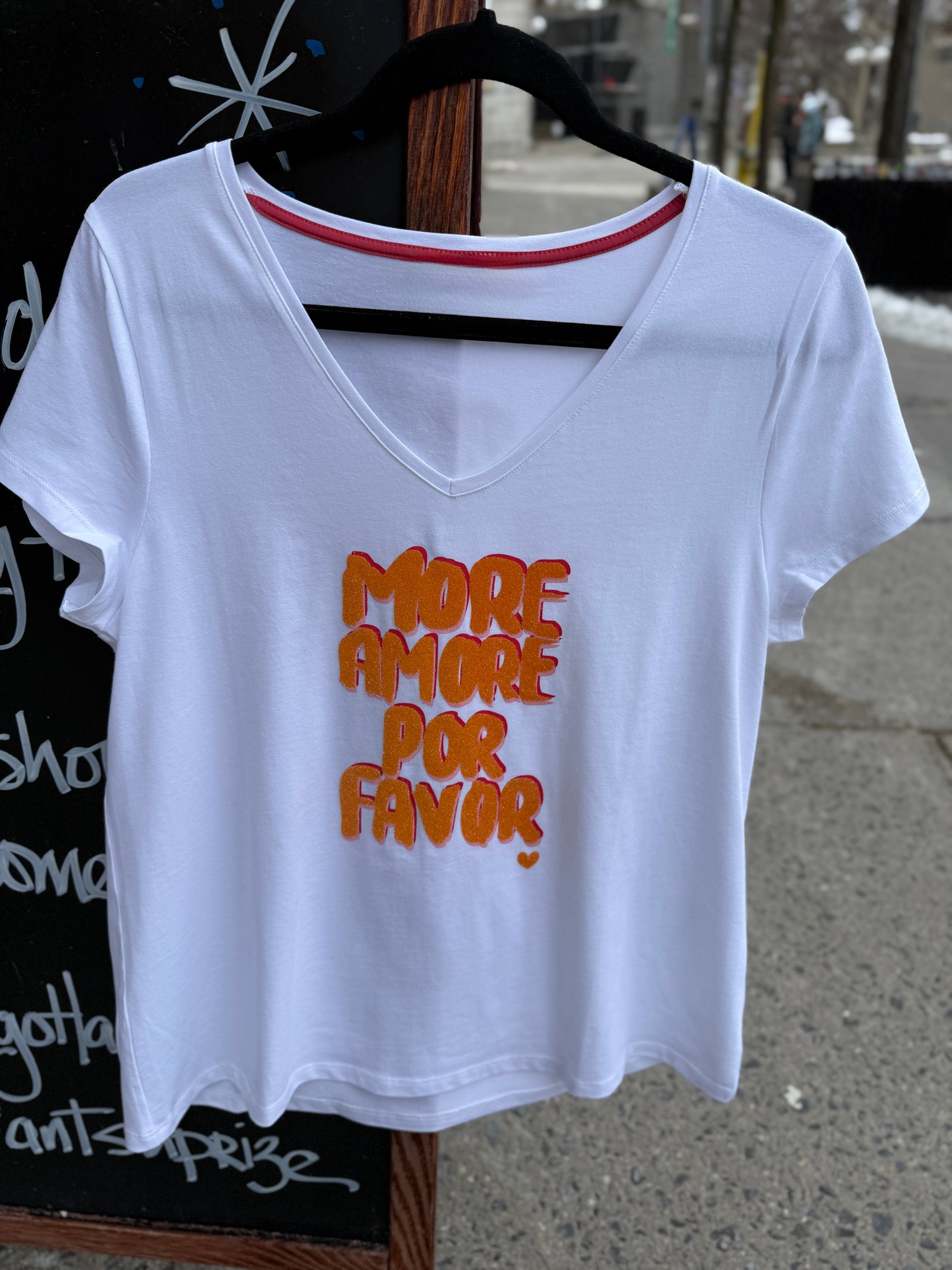 White Short Sleeve T shirt - More Love Please - Orange and Hot Pink