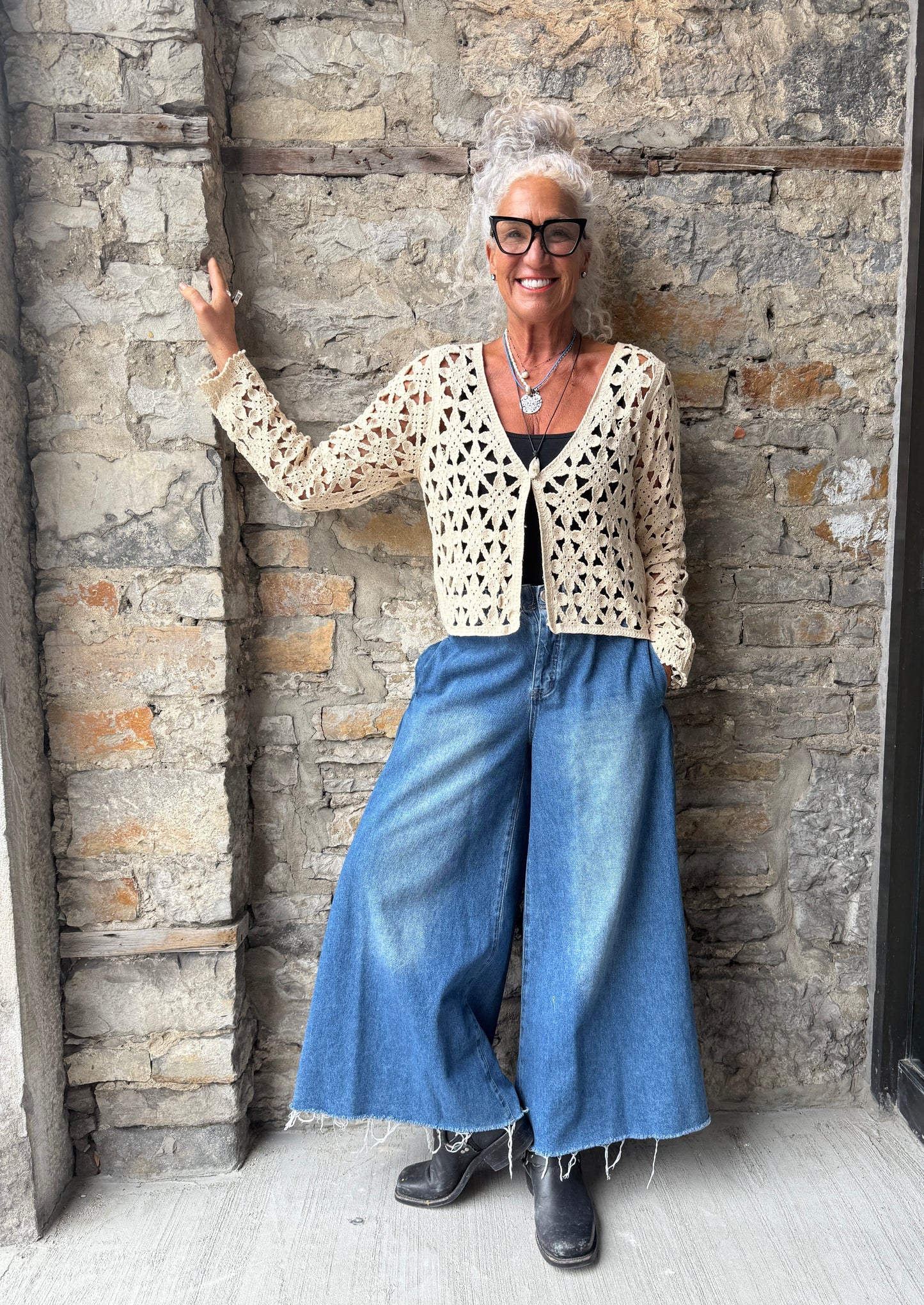 Crochet Deep V cardigan with long sleeves- OATMEAL
